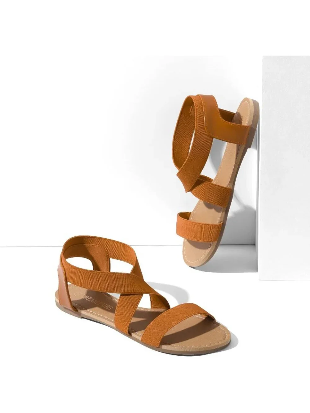 Women's Tan Summer Elastic Ankle Strap Flat Cute Strappy Gladiator Sandals